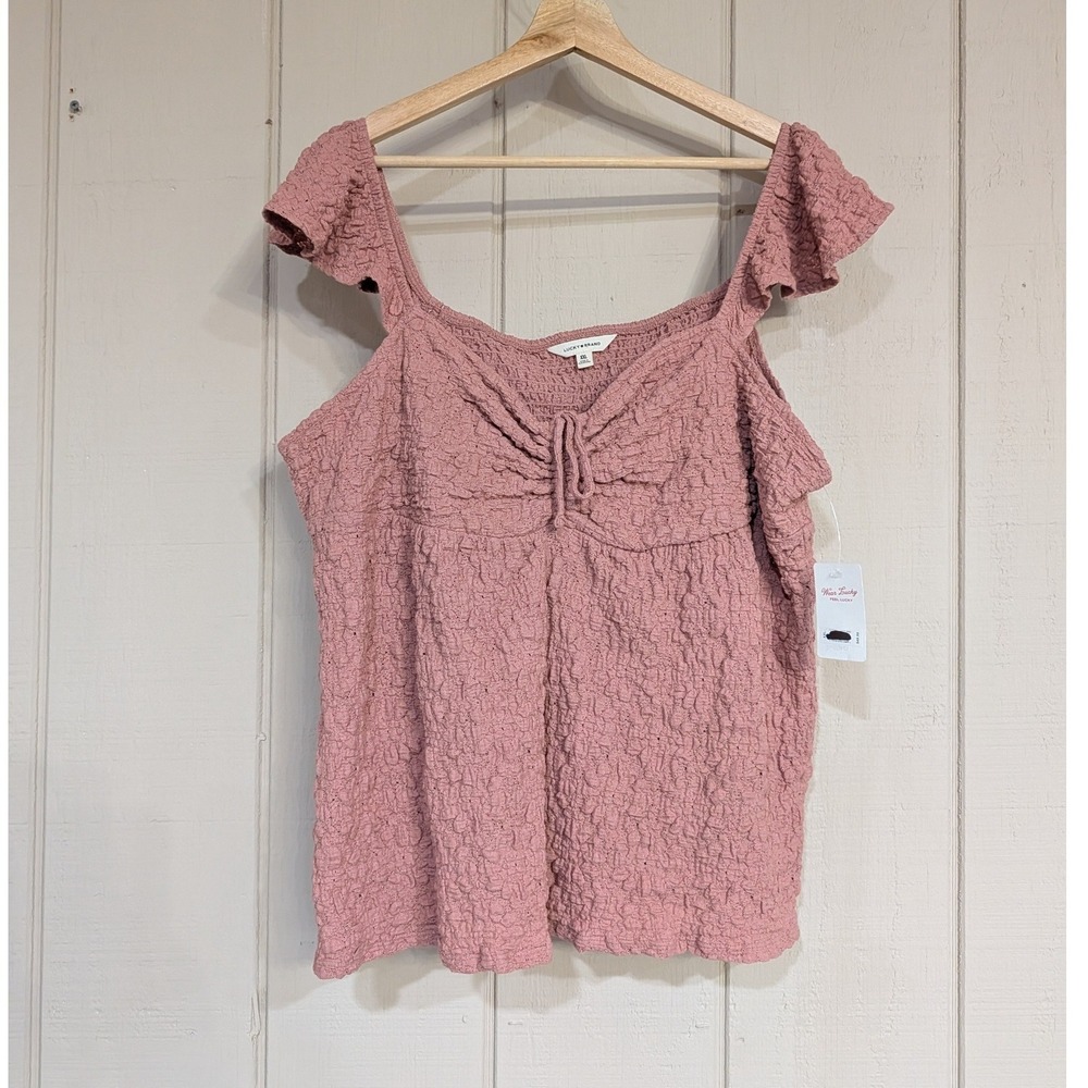 Lucky Brand Pink Smocked Ruffle Cami Top Tie Front Coquette Dainty XXL NWT - Picture 3 of 12